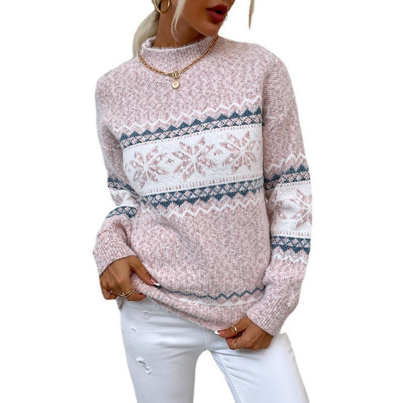 Christmas Knitwear Autumn And Winter New Semi High Collar Snowflake Sweater Women